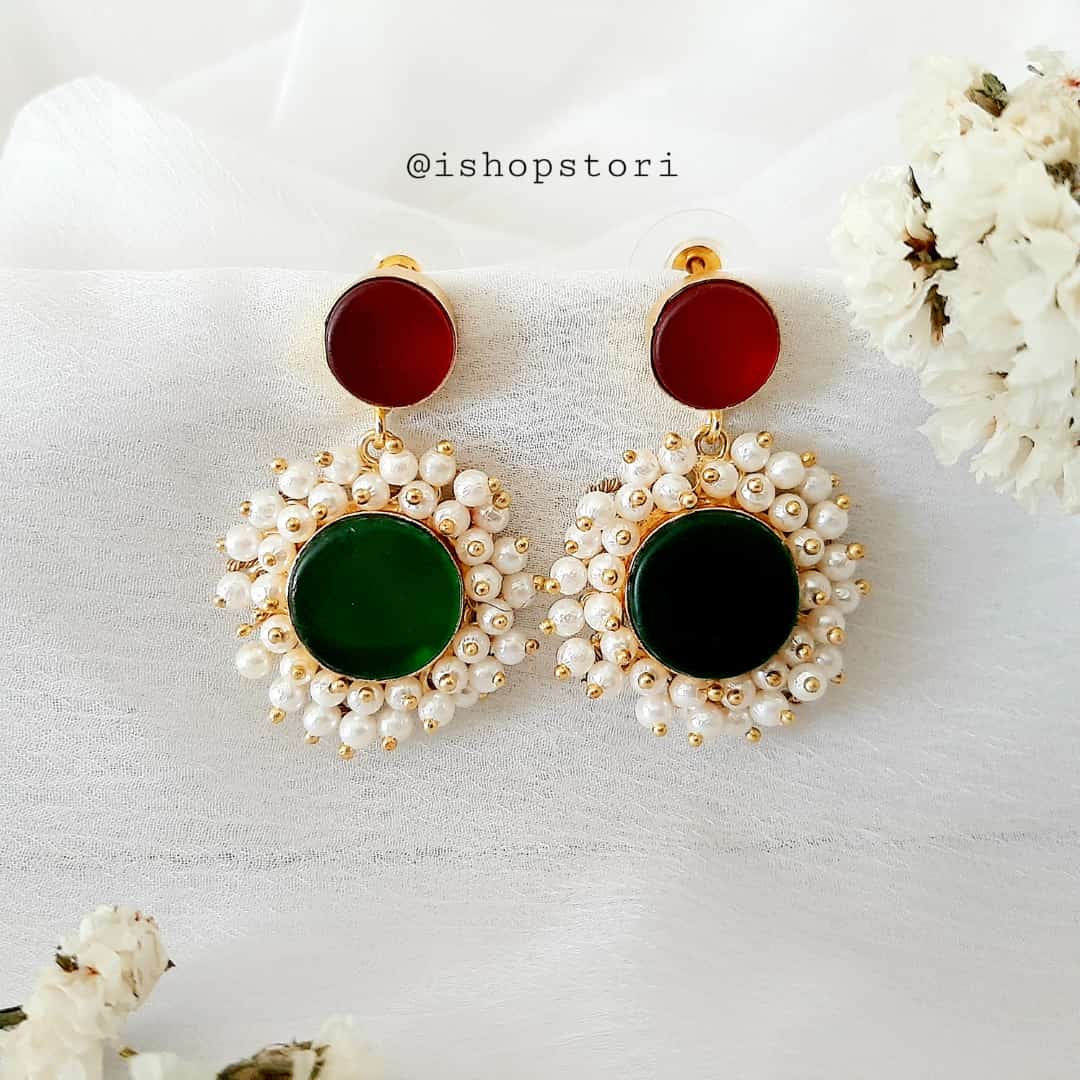 Brahmi Pearls Halo Raw Stone Earrings