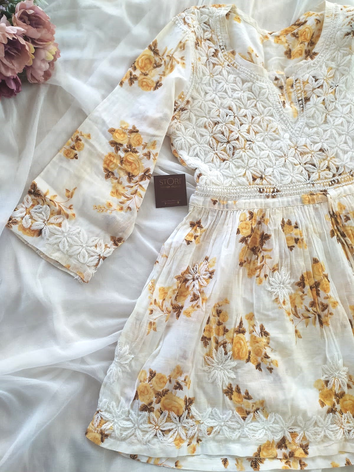 Floral Printed Cotton Mulmul Chikankari Short Kurti with Dori