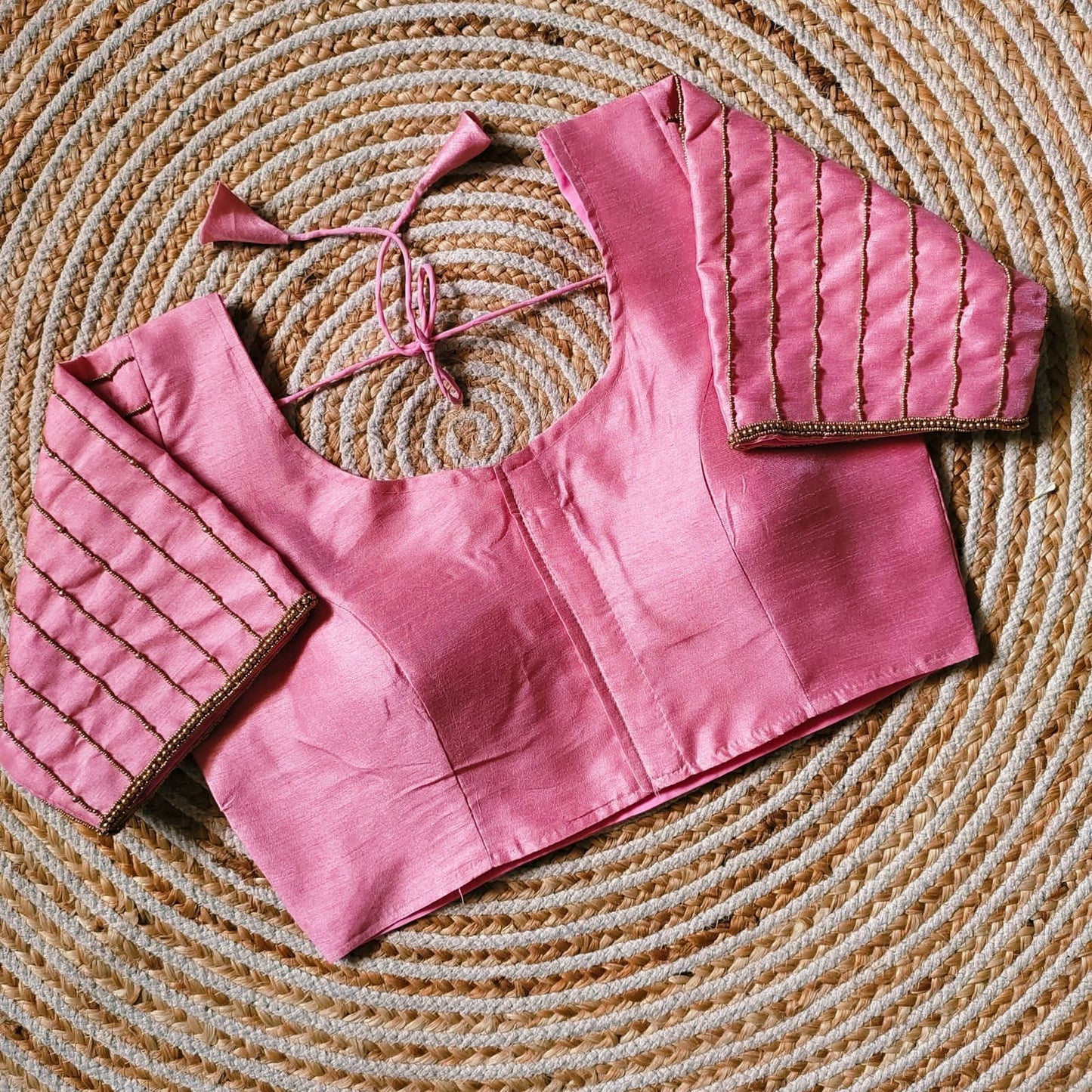 Pink Plain Silk Blouse With Designer Sleeves and Latkans