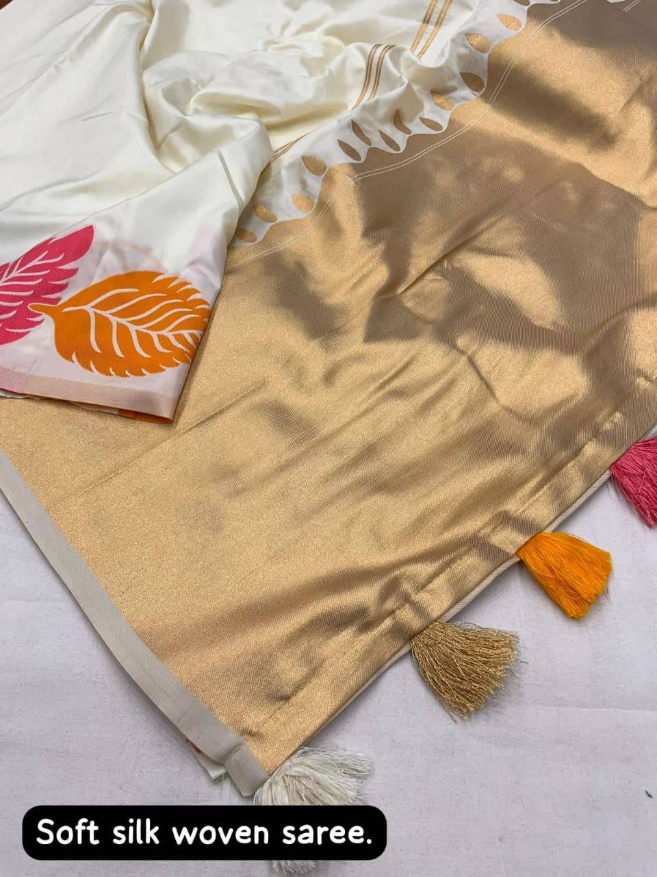 Ivory White Soft Silk Saree With Woven Leaves