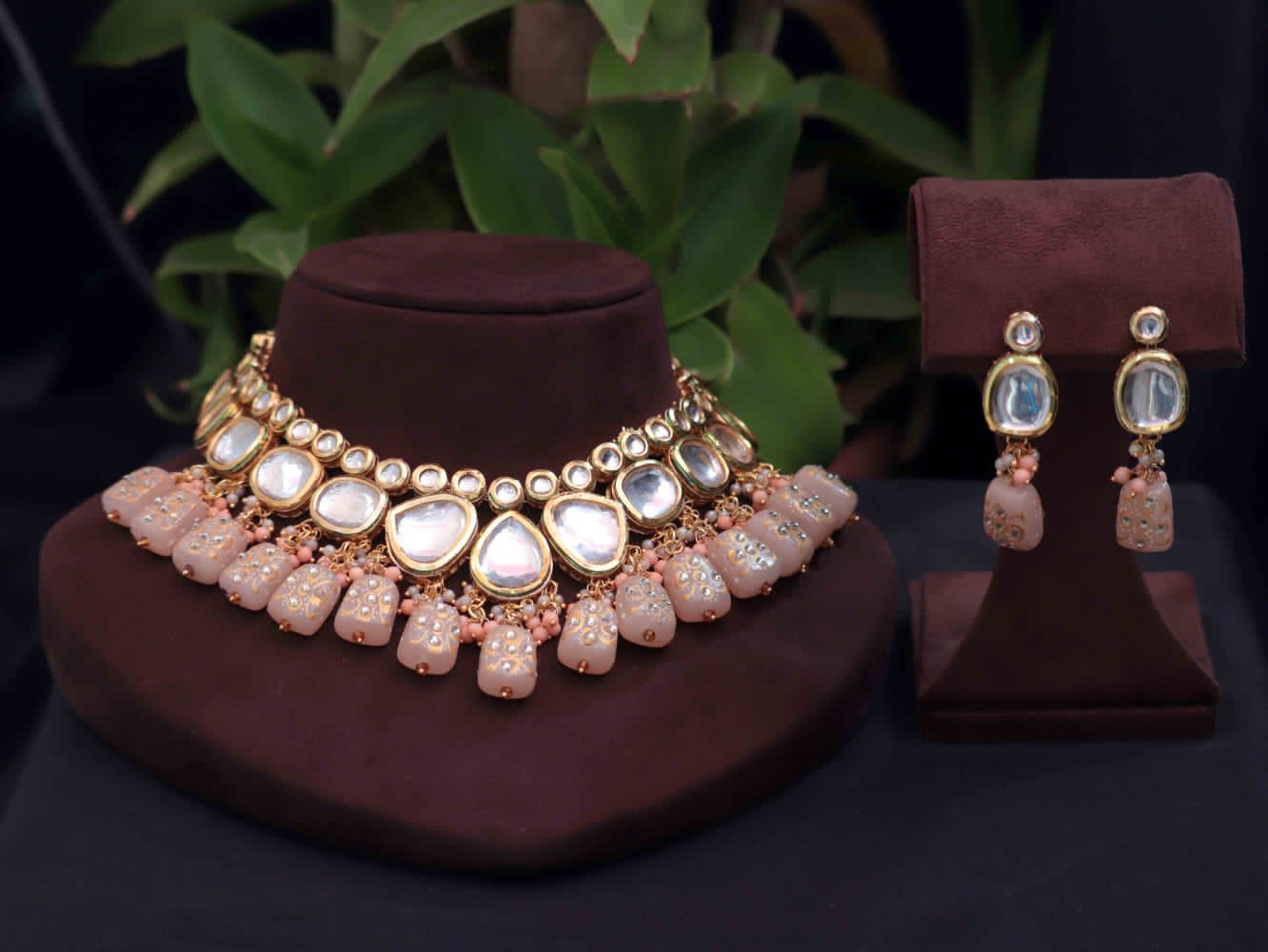 Devayani Peach Kundan Necklace Set Elegant Tanjore Style