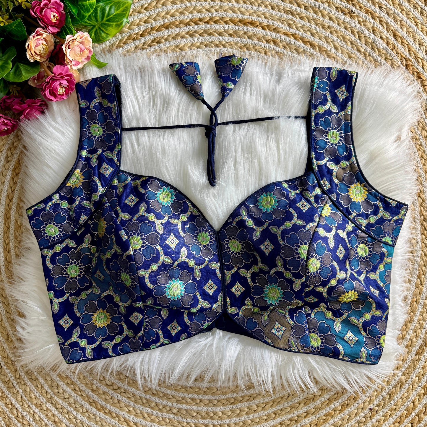 Blue Mahira Jacquard Sleeveless Blouse