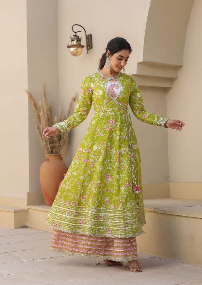 Lime Green Mul Cotton Angarkha Gotapatti Set