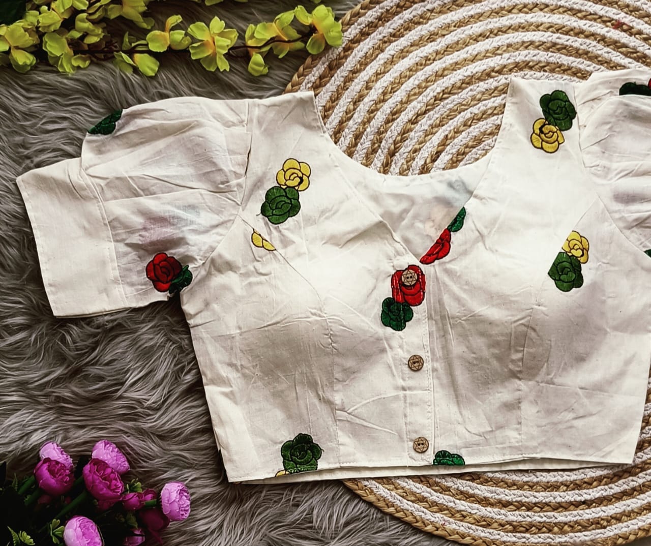 Embroidered Cambric Cotton Designer Blouse With Puffed Sleeves