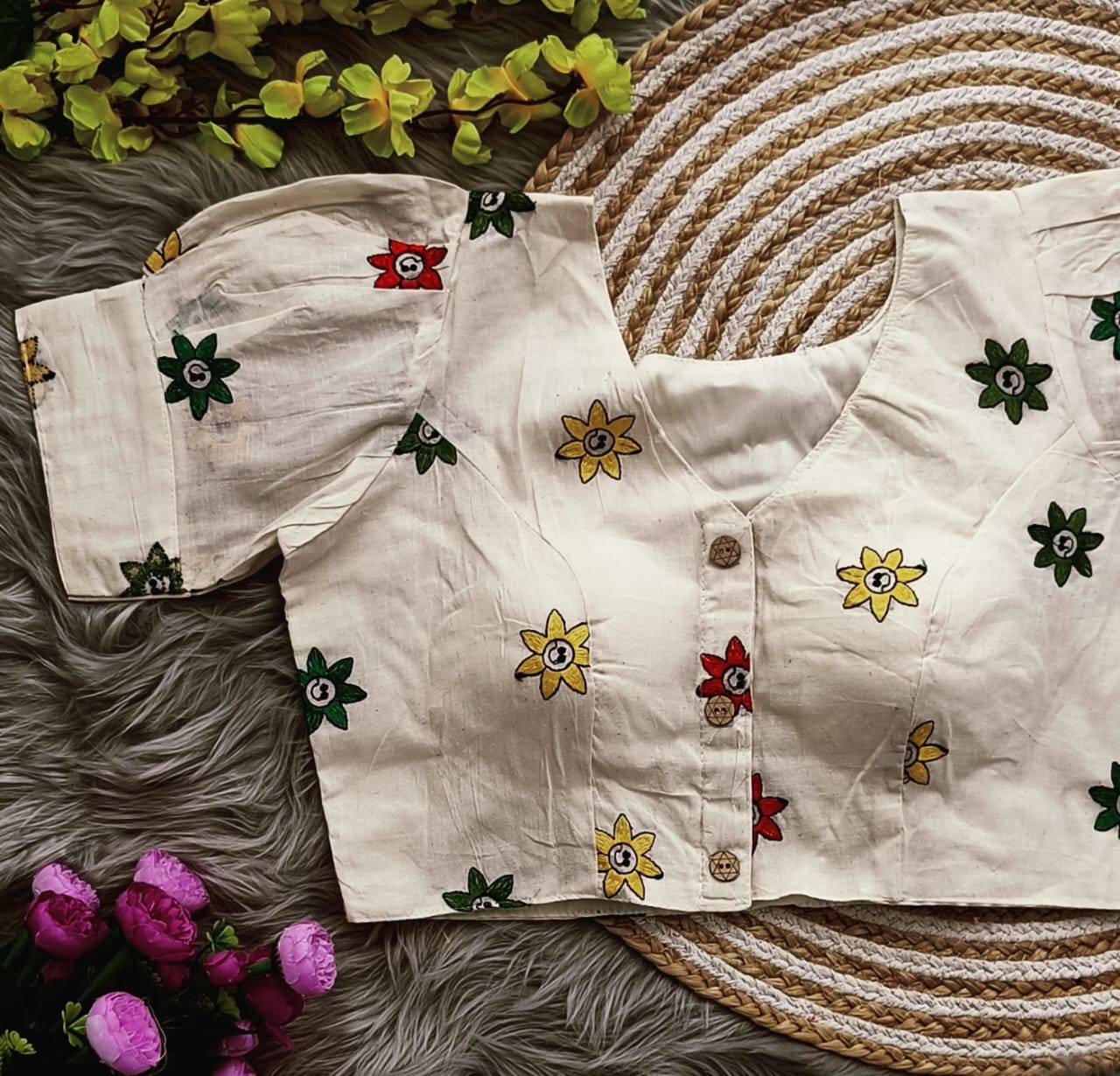 Embroidered Cambric Cotton Designer Blouse With Puffed Sleeves