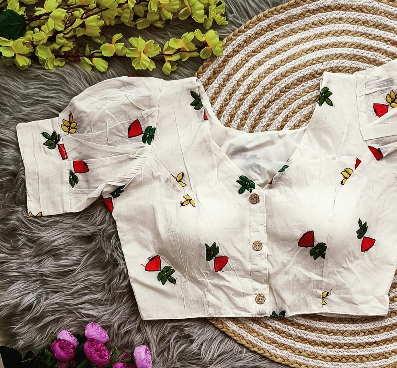 Embroidered Cambric Cotton Designer Blouse With Puffed Sleeves