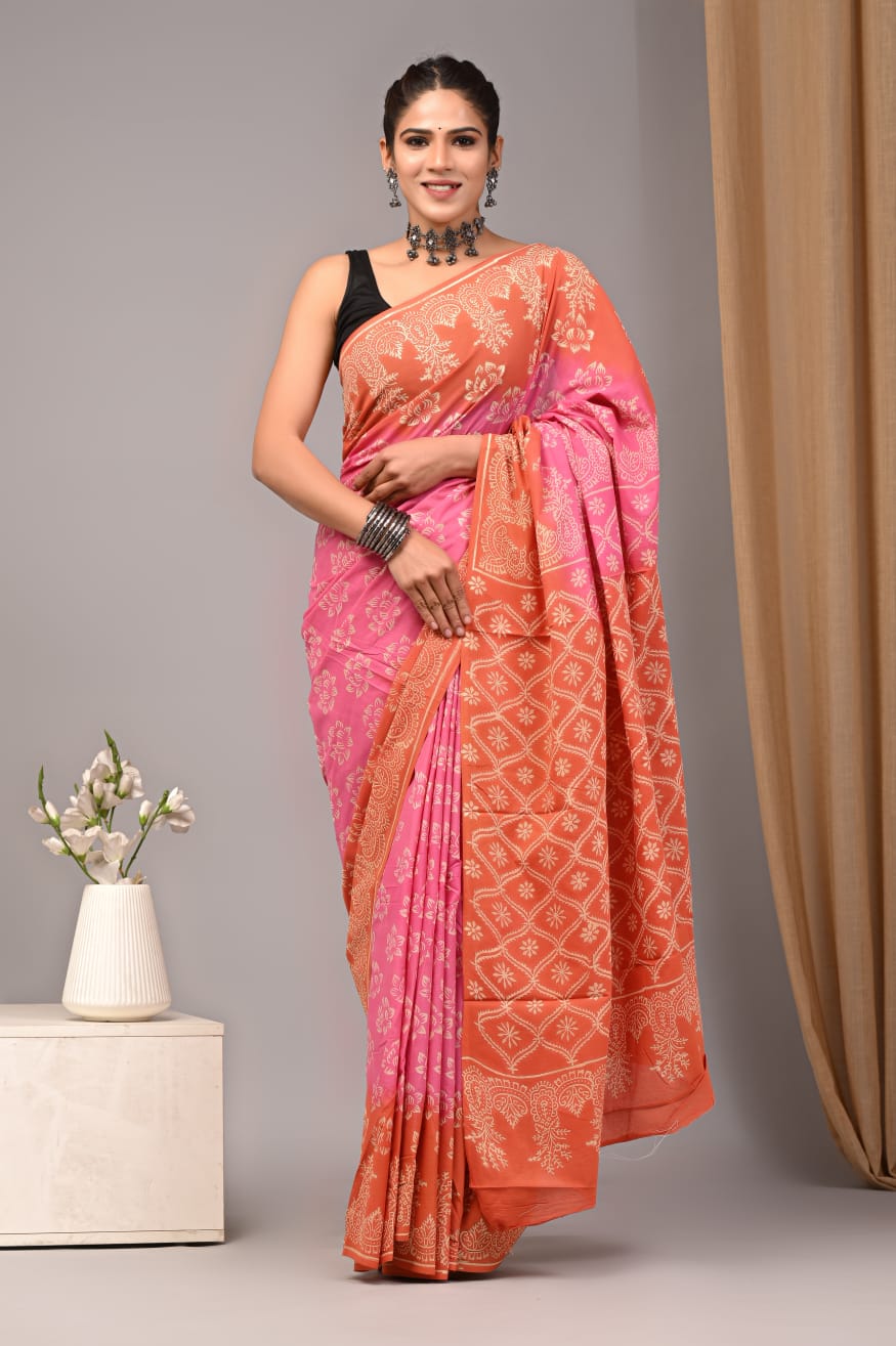 Pink Handloom Cotton Mulmul Saree Online-STORI