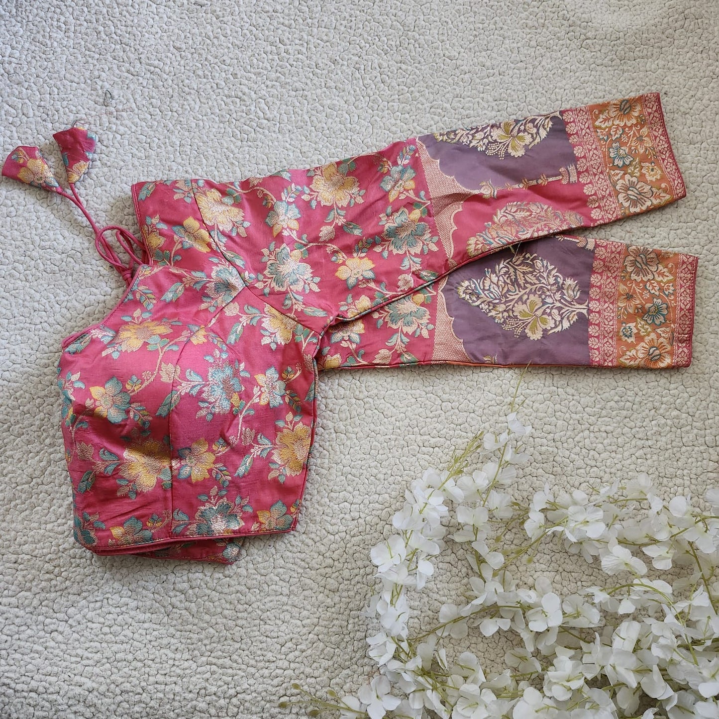 Shop Pink Readymade Banarasi Long Sleeves Blouse Online - STORI