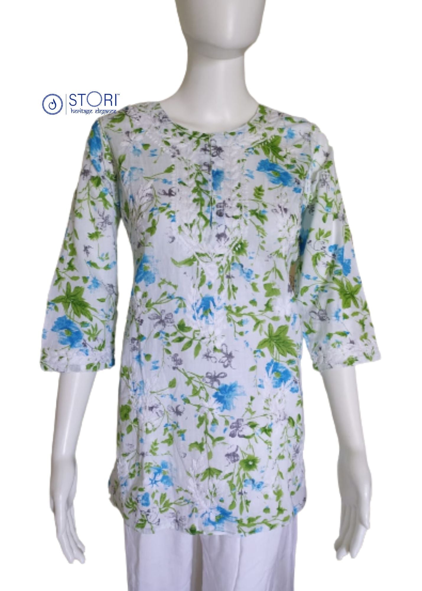 White & Blue Floral Printed Mulmul Cotton Short Chikankari Kurti