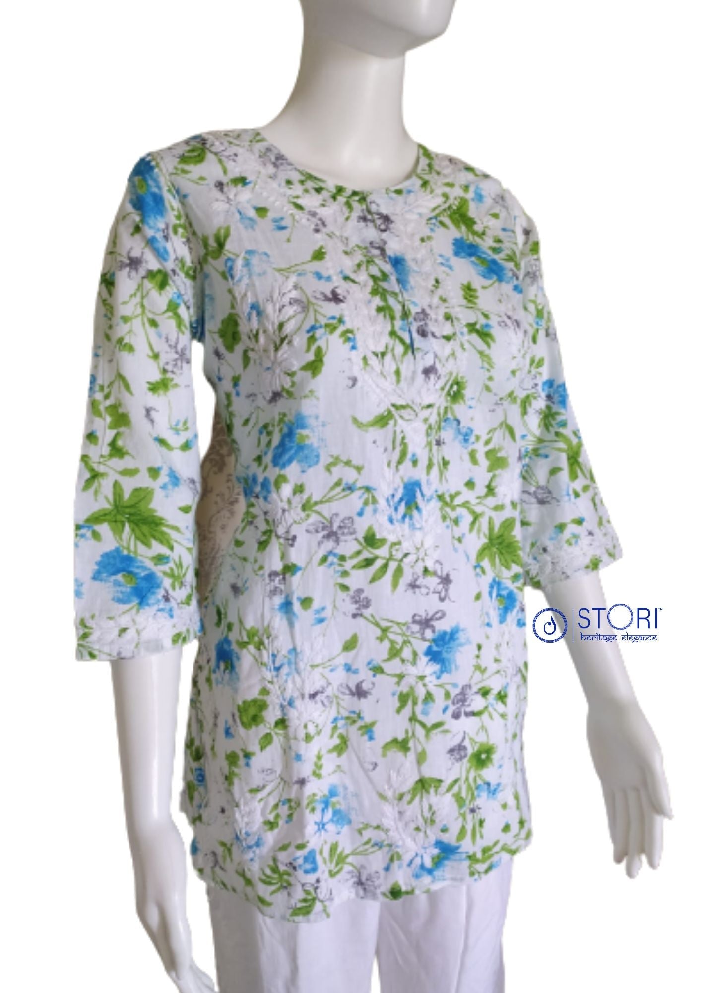White & Blue Floral Printed Mulmul Cotton Short Chikankari Kurti