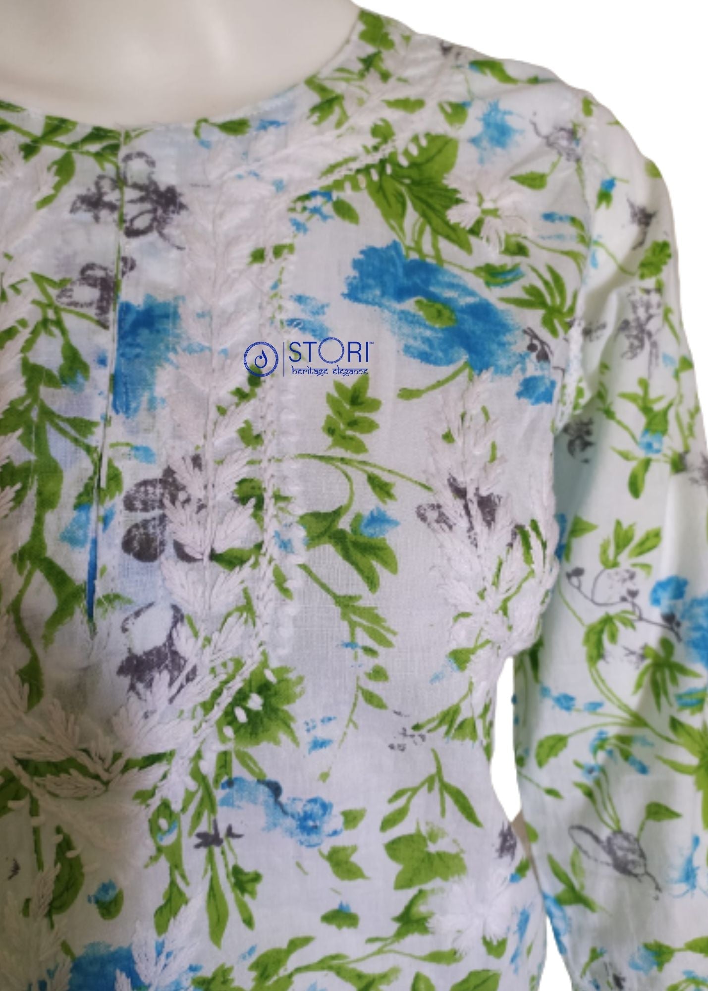 White & Blue Floral Printed Mulmul Cotton Short Chikankari Kurti