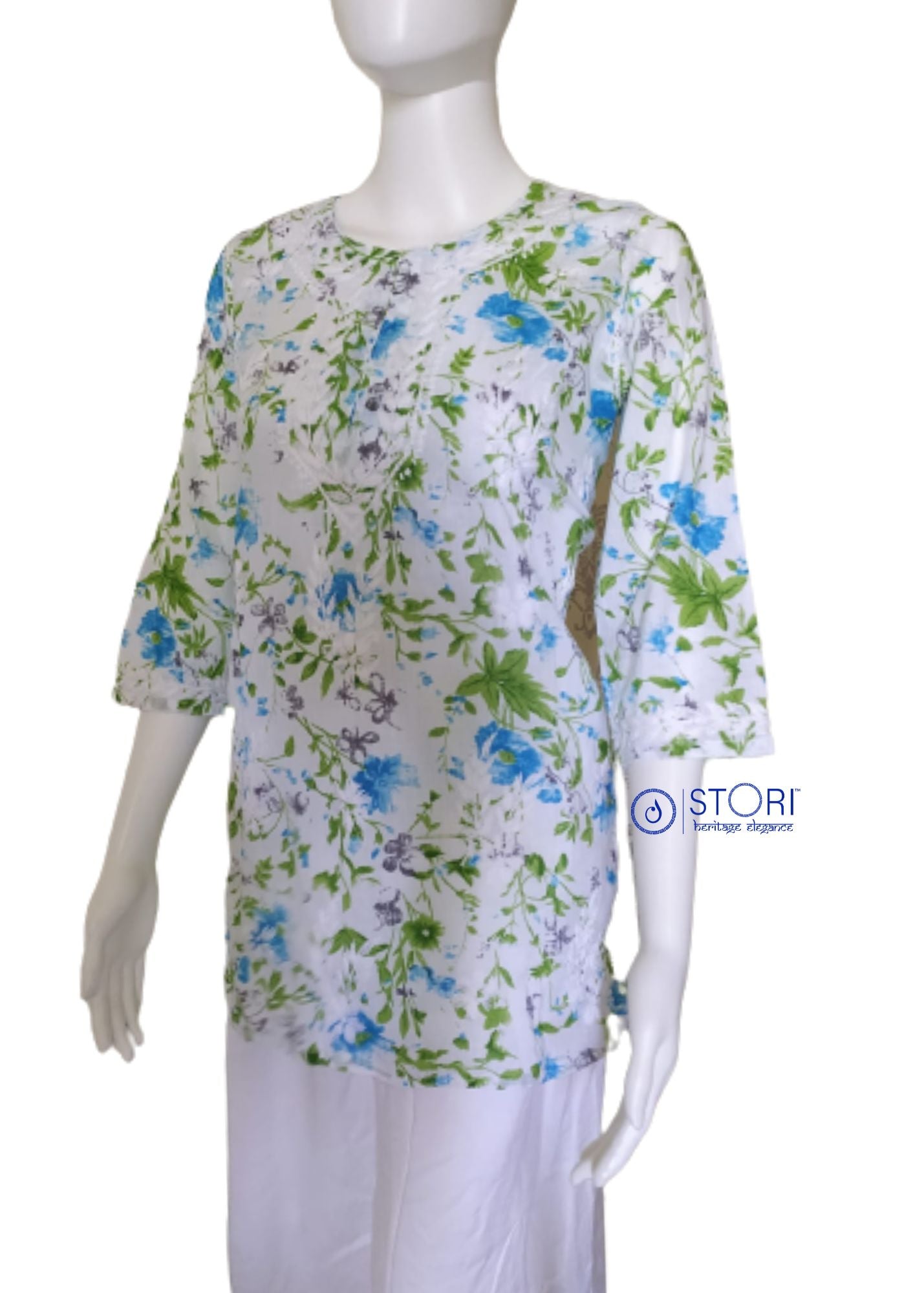 White & Blue Floral Printed Mulmul Cotton Short Chikankari Kurti