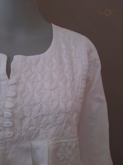 White Slub Cotton Handcrafted Chikankari Short Kurti