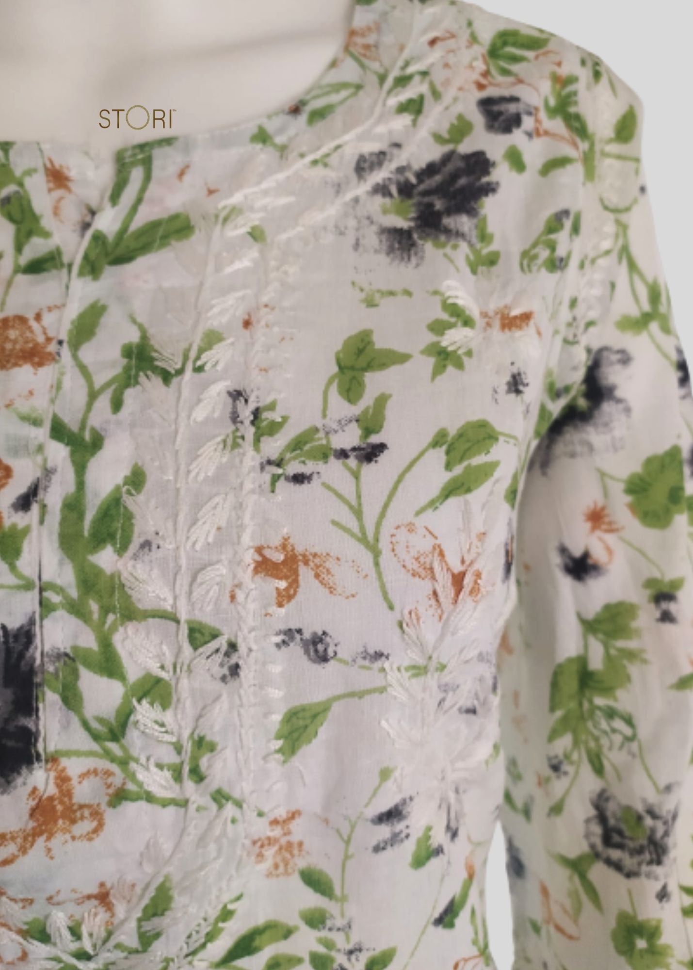 White & Brown Floral Printed Mulmul Cotton Short Chikankari Kurti