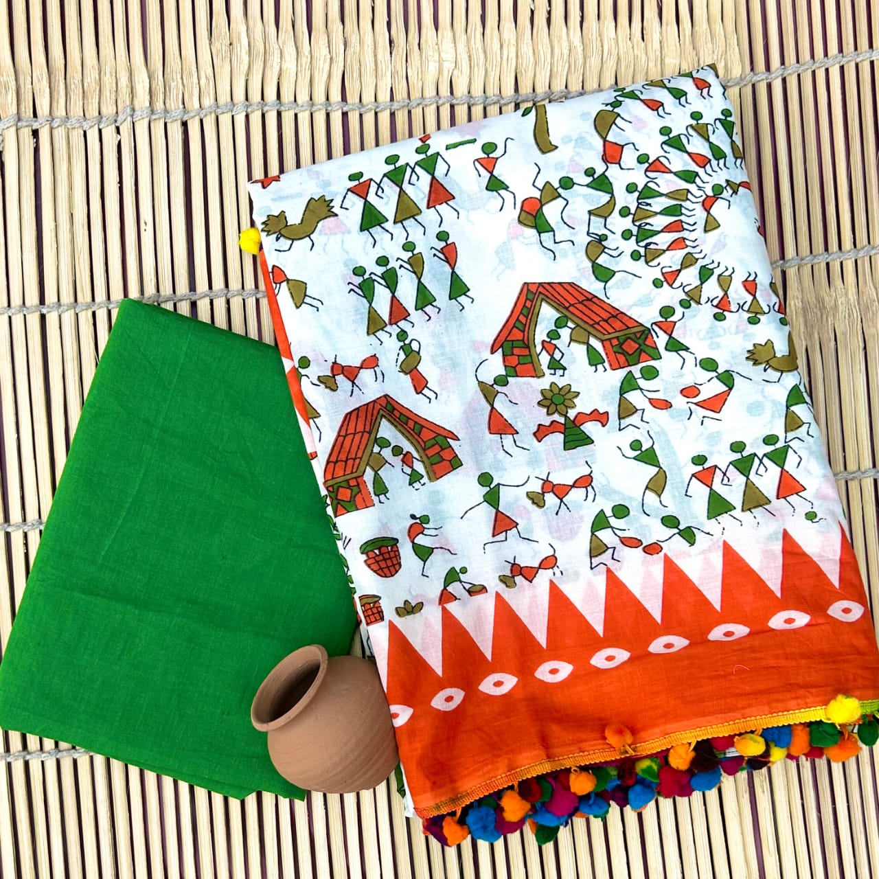 Worli Art Printed Multicolor Handloom Cotton Mulmul Saree