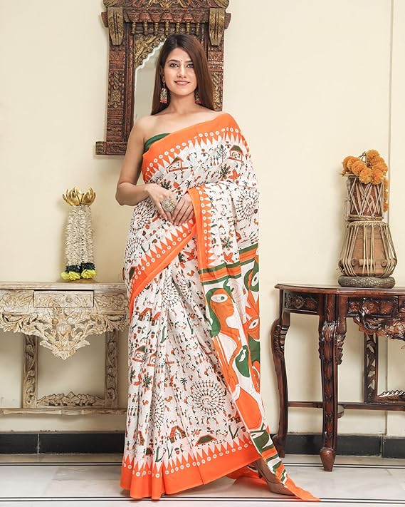Worli Art Printed Multicolor Handloom Cotton Mulmul Saree