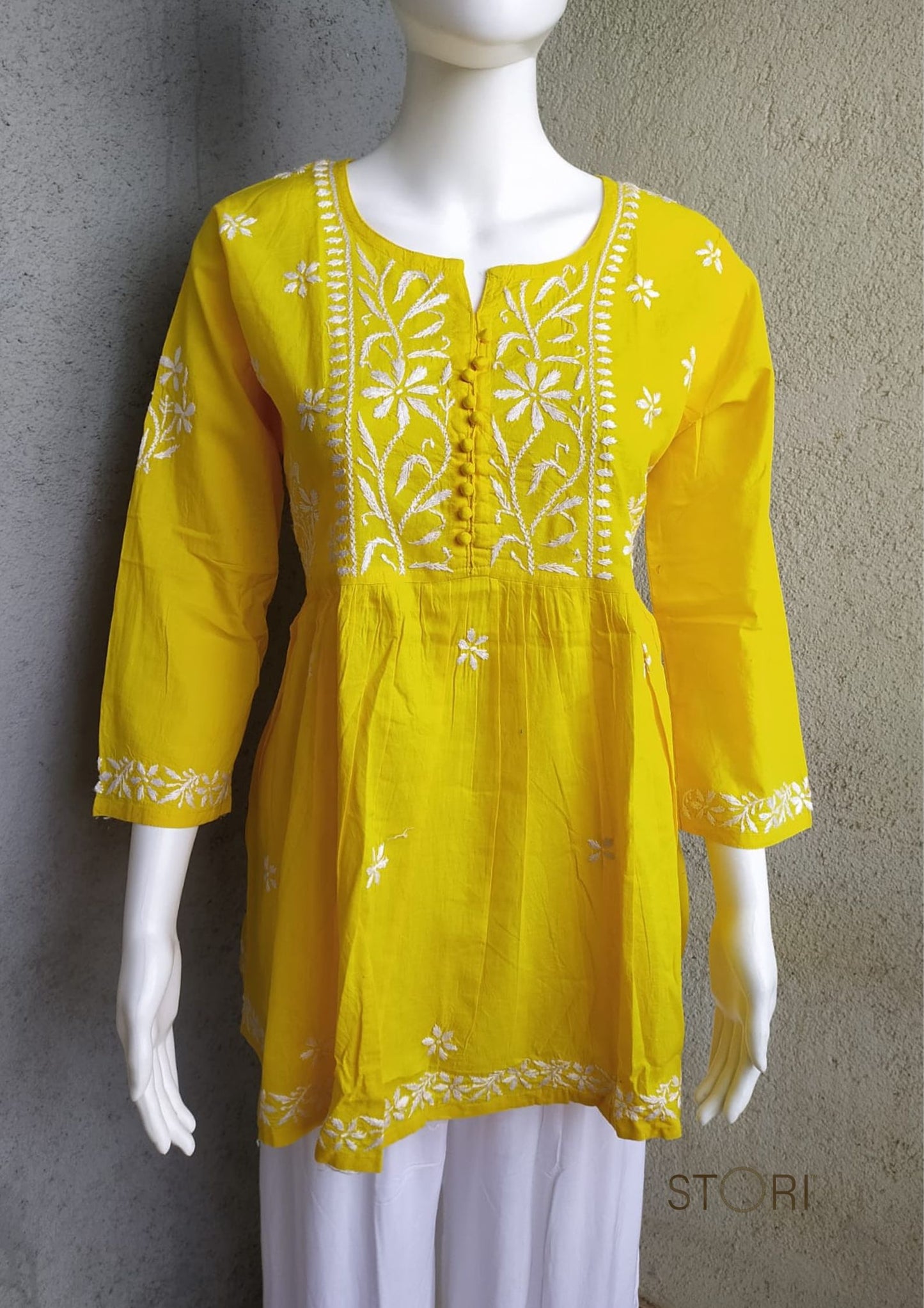 Sunshine Yellow Flared Cotton Short Chikankari Kurti