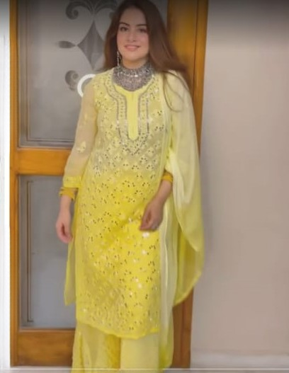 Butter Yellow Ombre Style Georgette Chikankari Kurti Palazzo Dupatta Set With Mirror Work