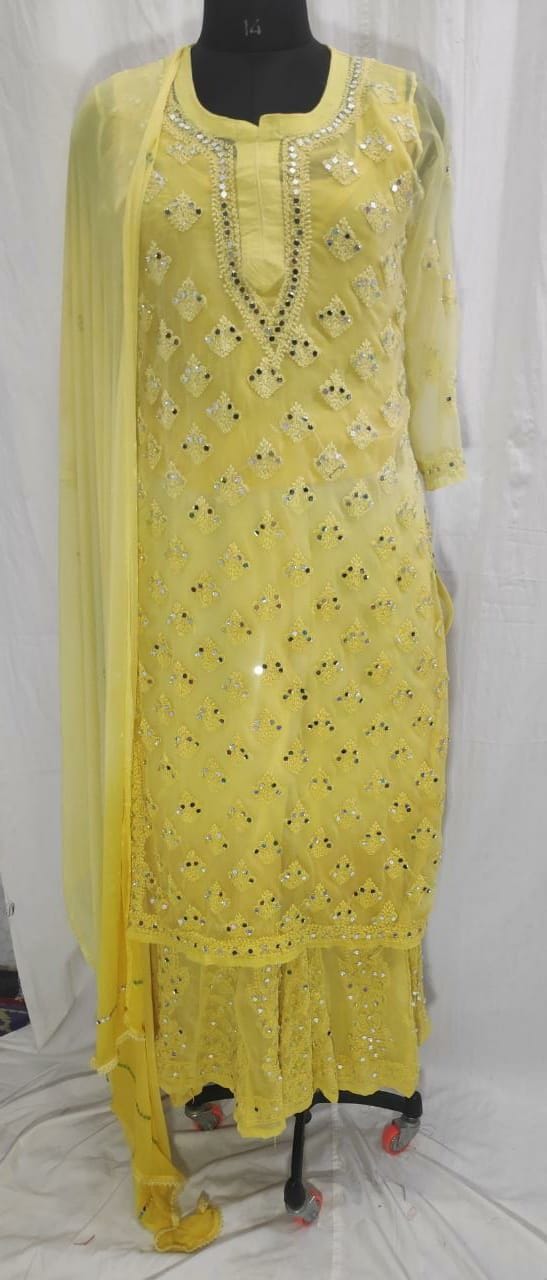 Butter Yellow Ombre Style Georgette Chikankari Kurti Palazzo Dupatta Set With Mirror Work