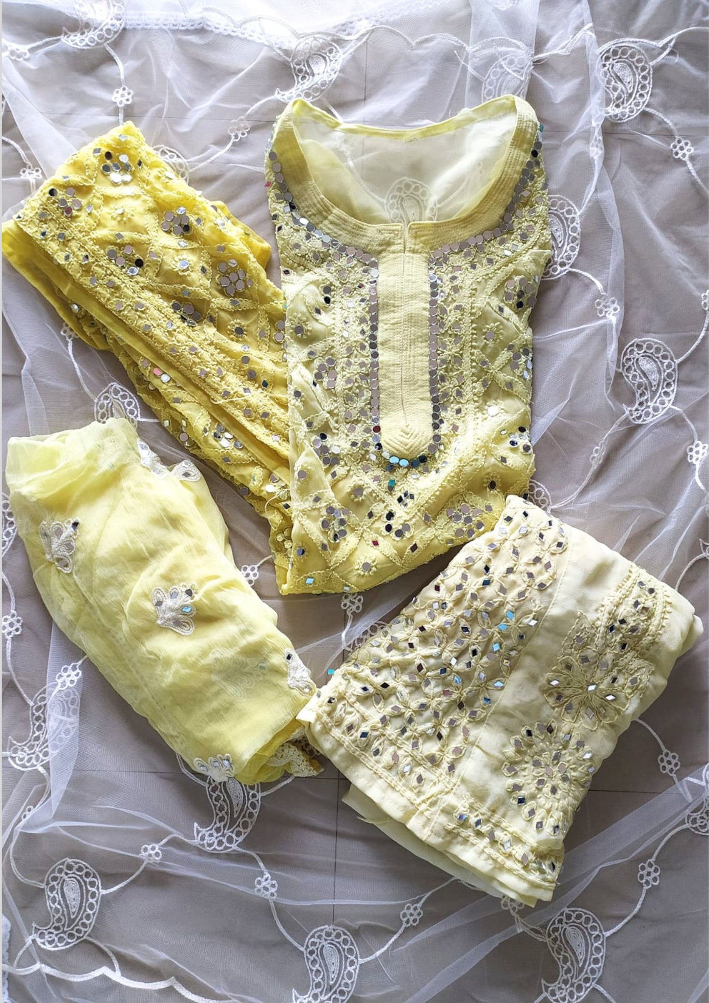 Butter Yellow Ombre Style Georgette Chikankari Kurti Palazzo Dupatta Set With Mirror Work