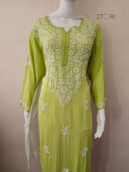 Zaarah Parrot Green Handcrafted Soft Modal Cotton Chikankari Kurti