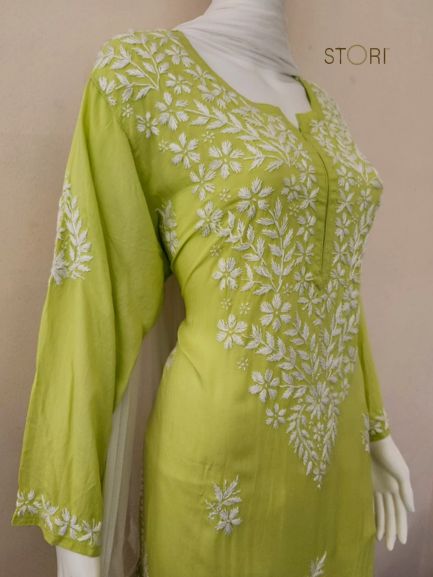 Zaarah Parrot Green Handcrafted Soft Modal Cotton Chikankari Kurti