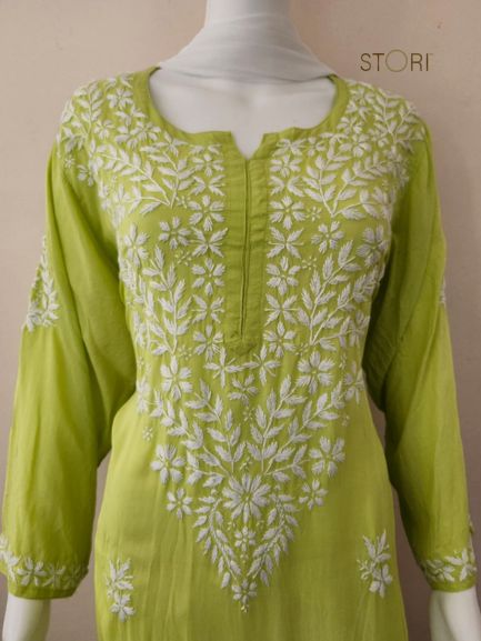 Zaarah Parrot Green Handcrafted Soft Modal Cotton Chikankari Kurti