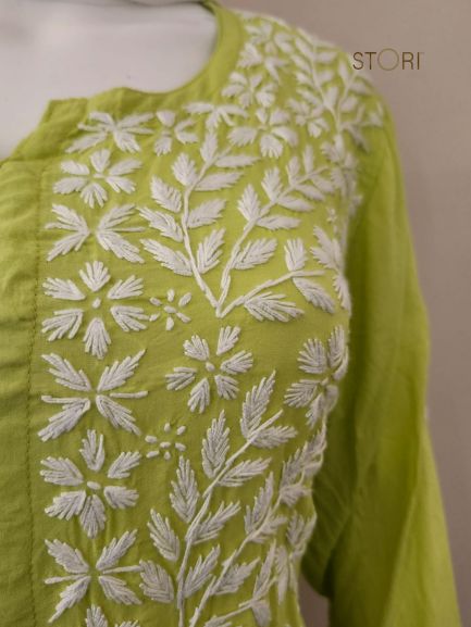 Zaarah Parrot Green Handcrafted Soft Modal Cotton Chikankari Kurti