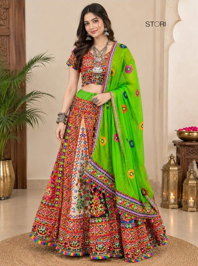 Parrot Green Heavy embroidery Kali pattern Lehenga Choli Set