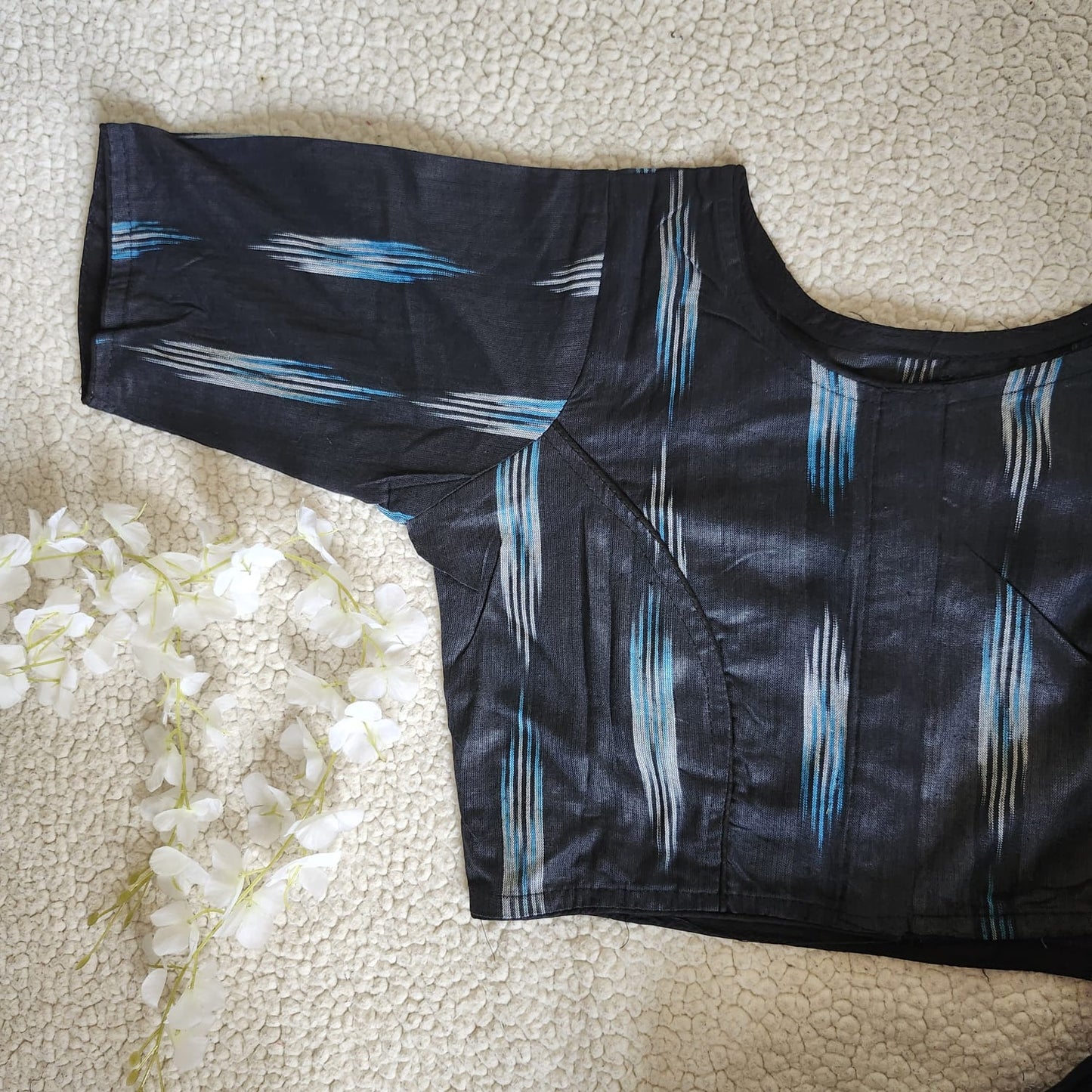 black Ikkat Handloom Woven Cotton Regular Boatneck Blouse