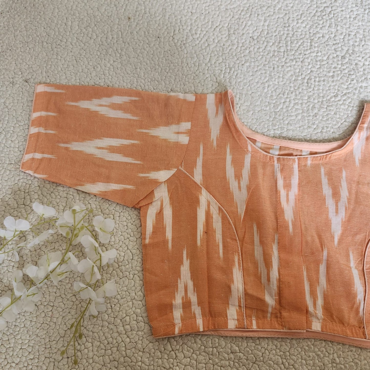 peach Ikkat Handloom Woven Cotton Regular Boatneck Blouse