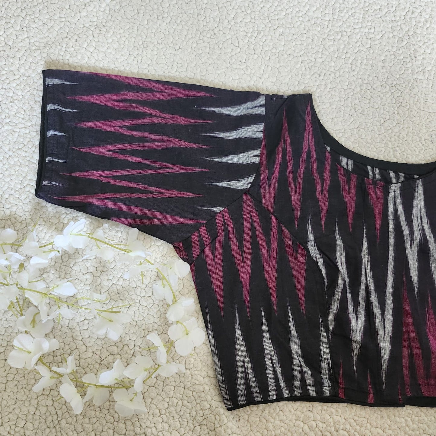 black Ikkat Handloom Woven Cotton Regular Boatneck Blouse