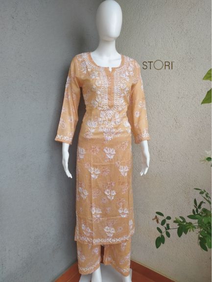 Niha Almond Brown Soft Cotton Mulmul Chikankari Kurti & Palazzo Set