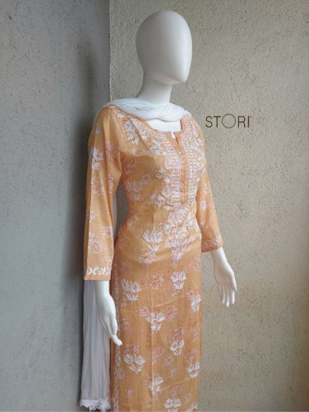 Niha Almond Brown Soft Cotton Mulmul Chikankari Kurti & Palazzo Set