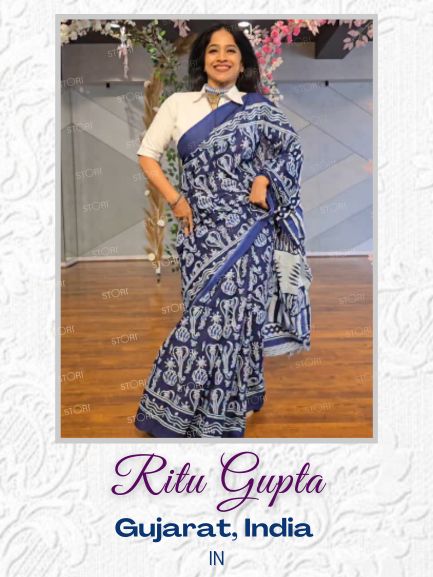 Indigo Blue Sitaar Printed Handloom Cotton Mulmul Saree