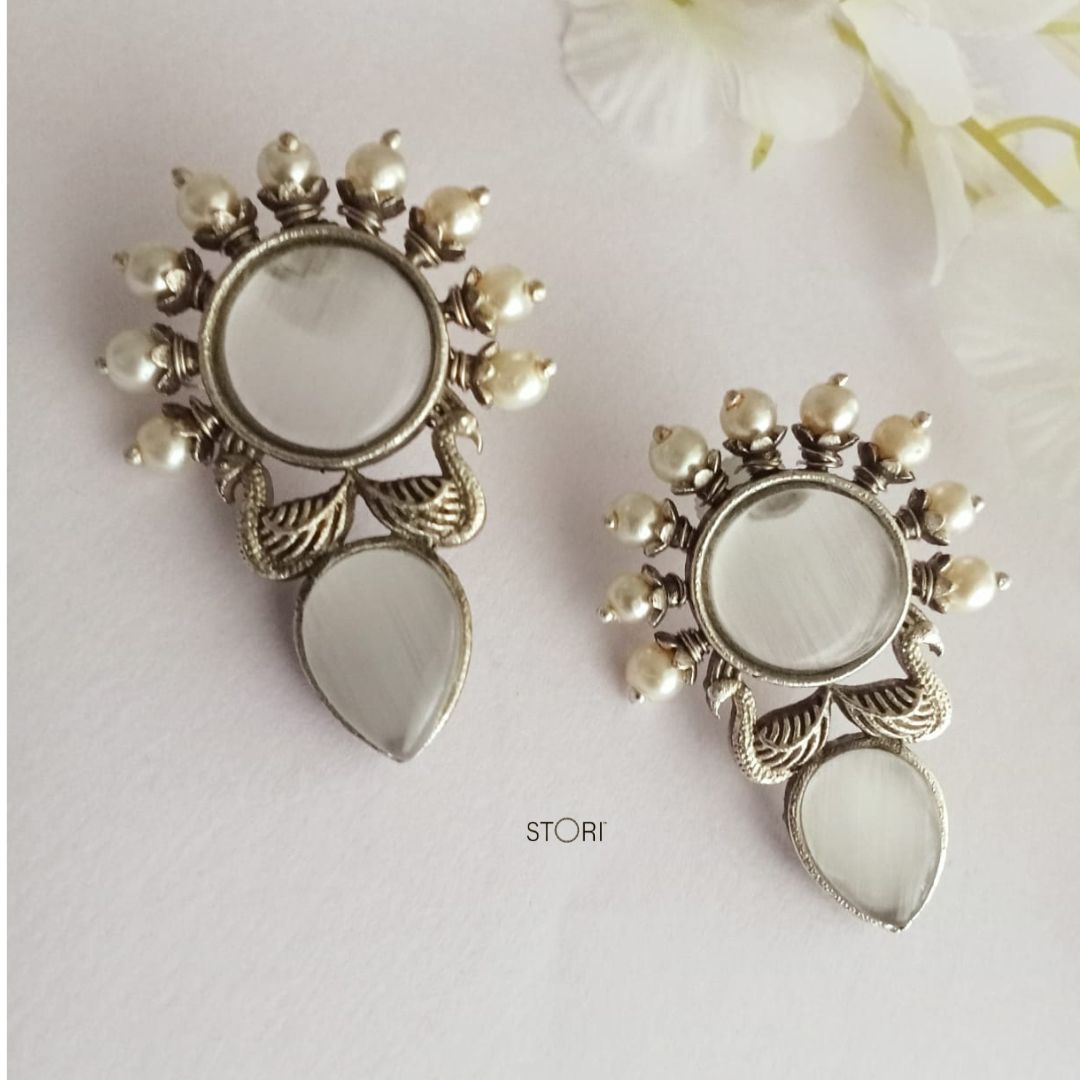 Ketaki Monalisa Stone & Pearls Silver Look Alike Earrings