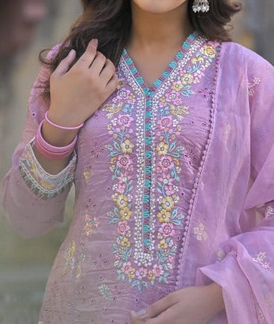 Purple Anarkali Suit Set With Organza Dupatta