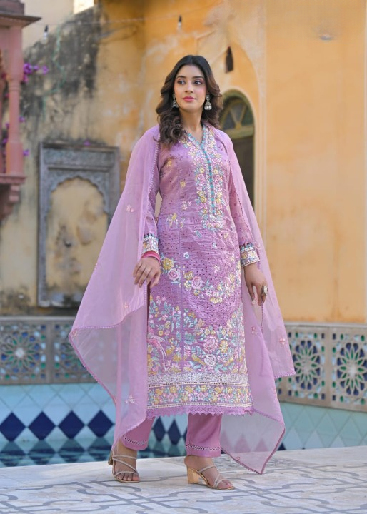 Purple Anarkali Suit Set With Organza Dupatta
