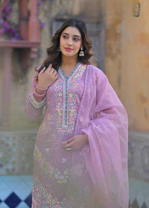 Purple Anarkali Suit Set With Organza Dupatta