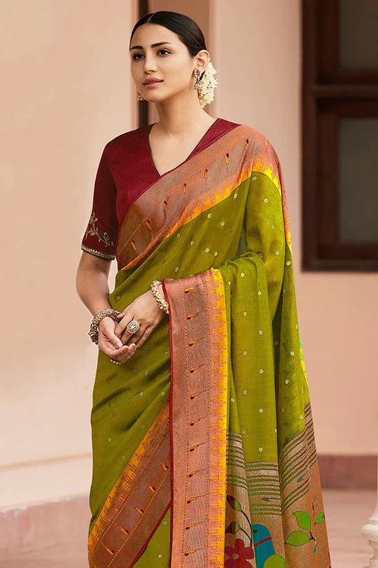 Mehendi Green Pathani Saree With Embroidered Blouse