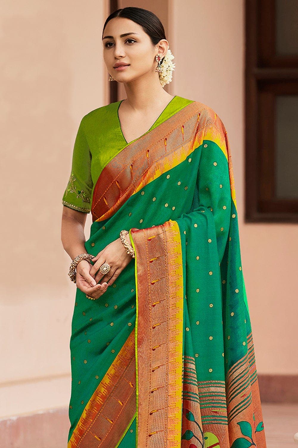 Shamrock Green Pathani Saree With Embroidered Blouse