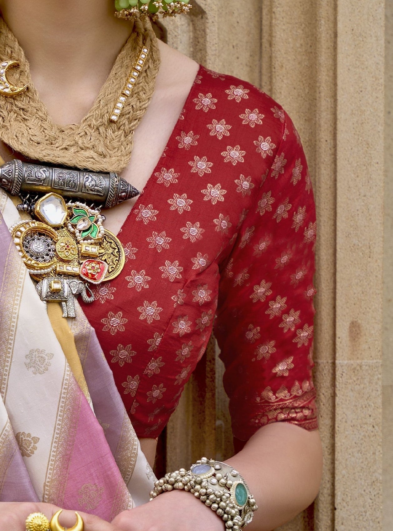 Red Hue Banarasi Silk Saree With Pastel Shaded Stripes