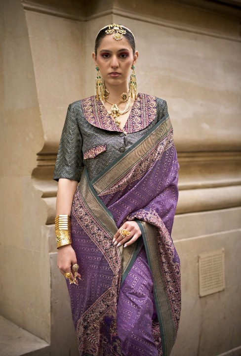 Purple & Grey Silk Saree With Exotic Art Printed Border