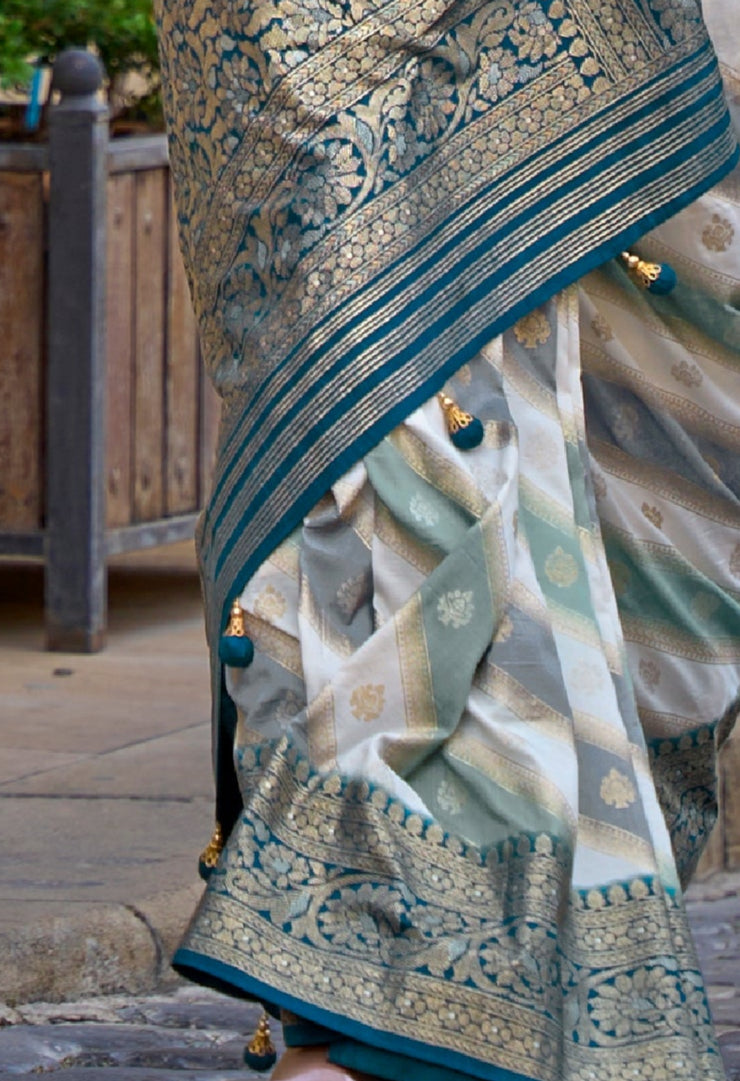 Teal Blue Designer Banarasi Silk Saree