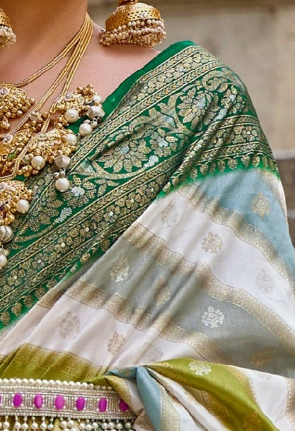 Green Banarasi Silk Saree With Pastel Shaded Stripes