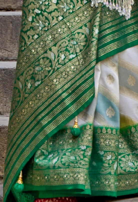 Green Banarasi Silk Saree With Pastel Shaded Stripes