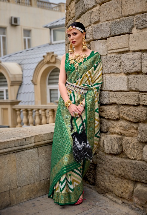 Green Banarasi Silk Saree With Chevron Stripes