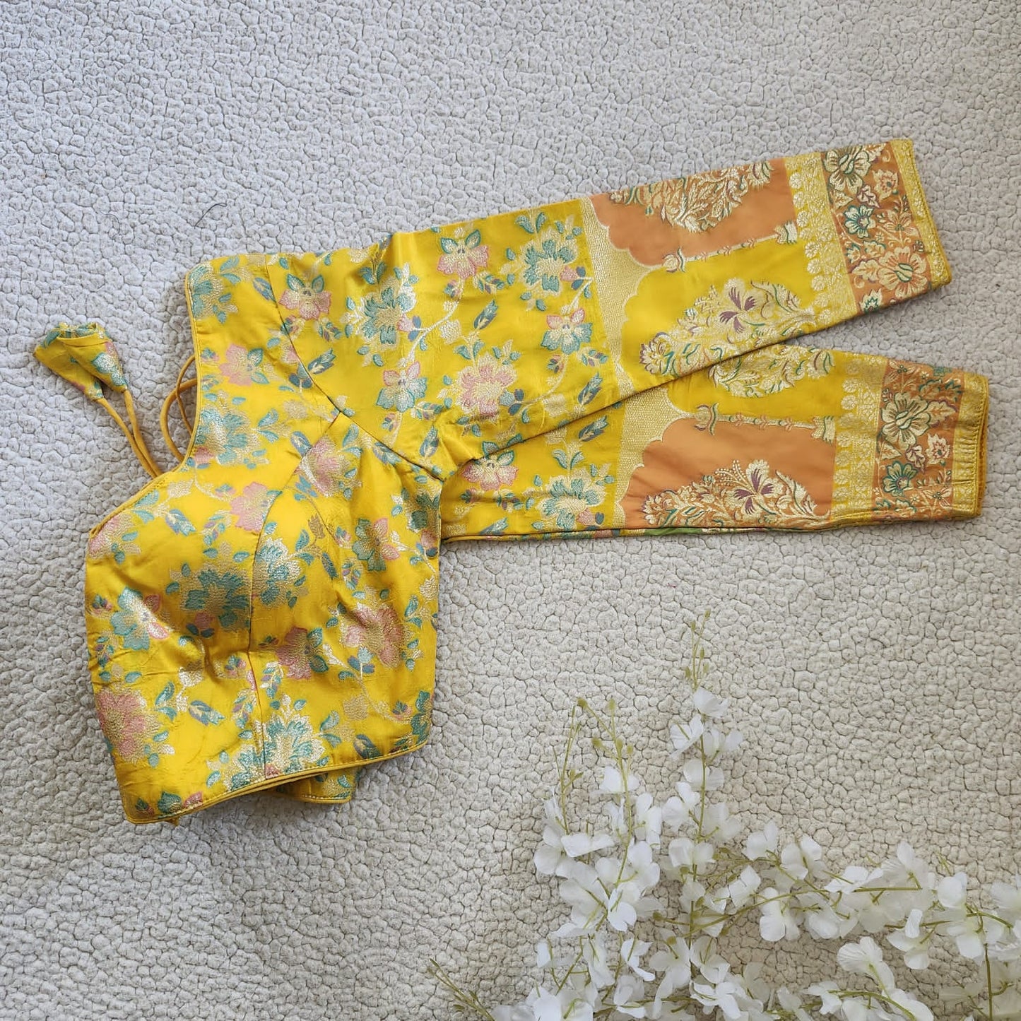 Shop Yellow Readymade Banarasi Long Sleeves Blouse Online - STORI