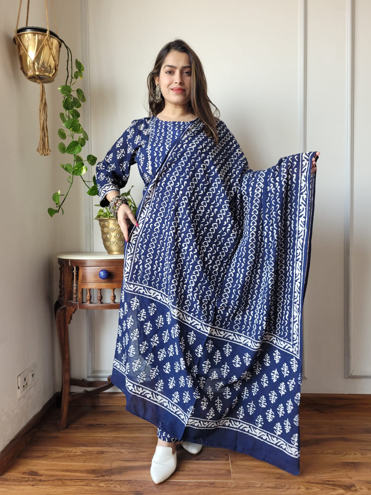 Blue Cotton Printed Straight Suit Set