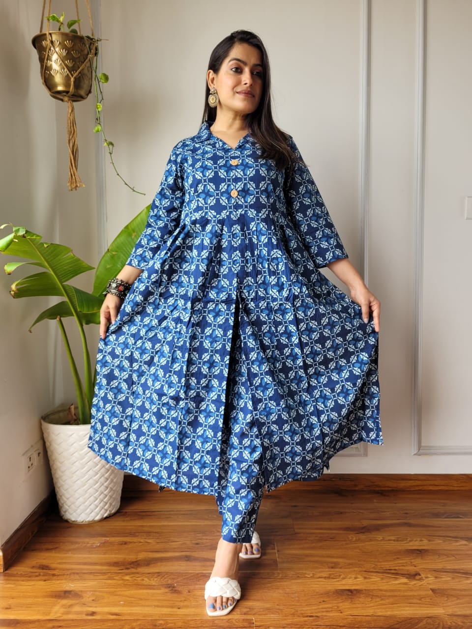 Shop Blue Nyra Cut Cotton Kurti Set
